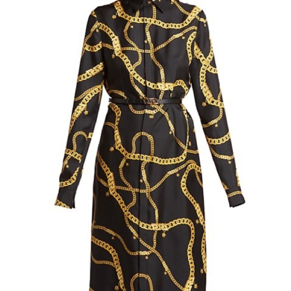 New Versace gold chain print silk dress with Medusa head belt